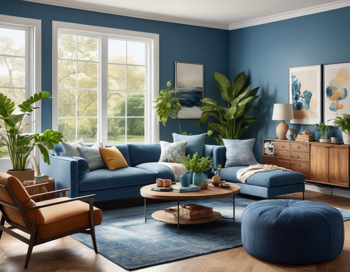 A cozy living room featuring a harmonious blend of natural light, inviting textures, and calming blue hues that evoke happiness. Include elements like potted plants, soft cushions, and a mood board showcasing design ideas. The scene should radiate warmth and comfort, inviting viewers to reimagine their own spaces into havens of joy. super-realistic. vibrant colors. soft lighting.