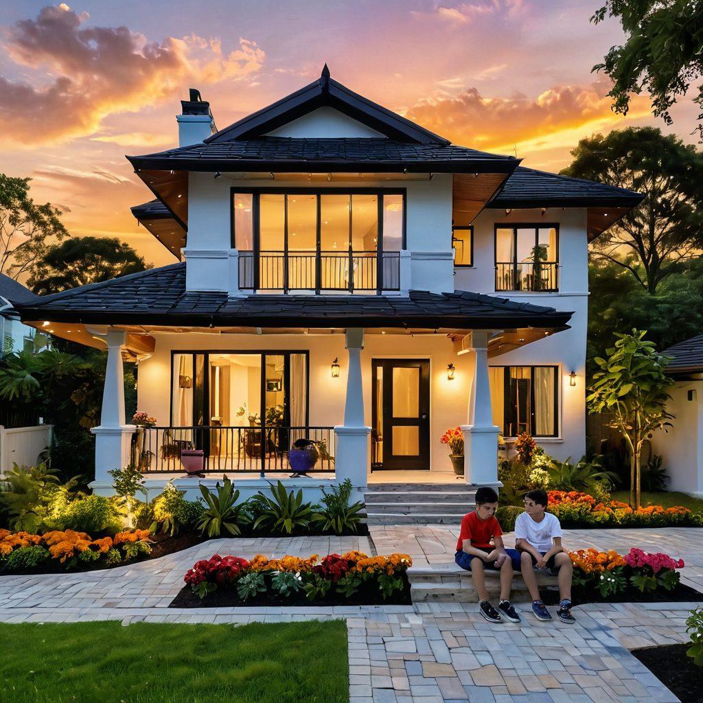 A harmonious blend of modern and traditional architecture showcasing a cheerful family in a beautifully designed home, surrounded by lush greenery and playful children. Adding colorful decorative elements like flower pots and warm lighting, creating an inviting atmosphere. Include an inspiring sunset in the background to symbolize positivity and bliss. super-realistic. vibrant colors. warm light.